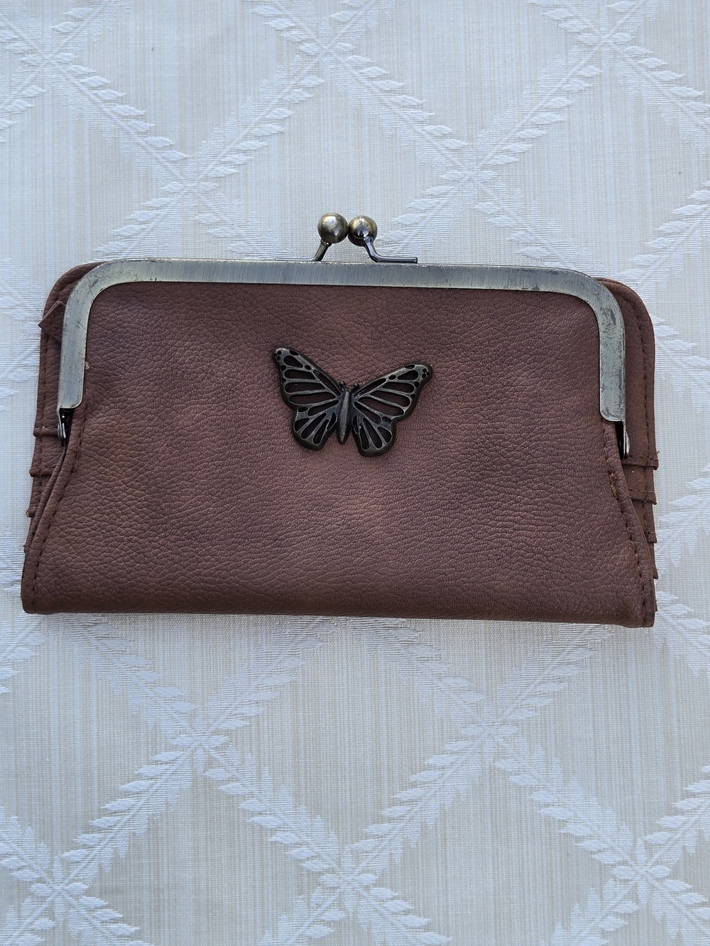 Butterfly Accent Brown Leather Clasp Wallet